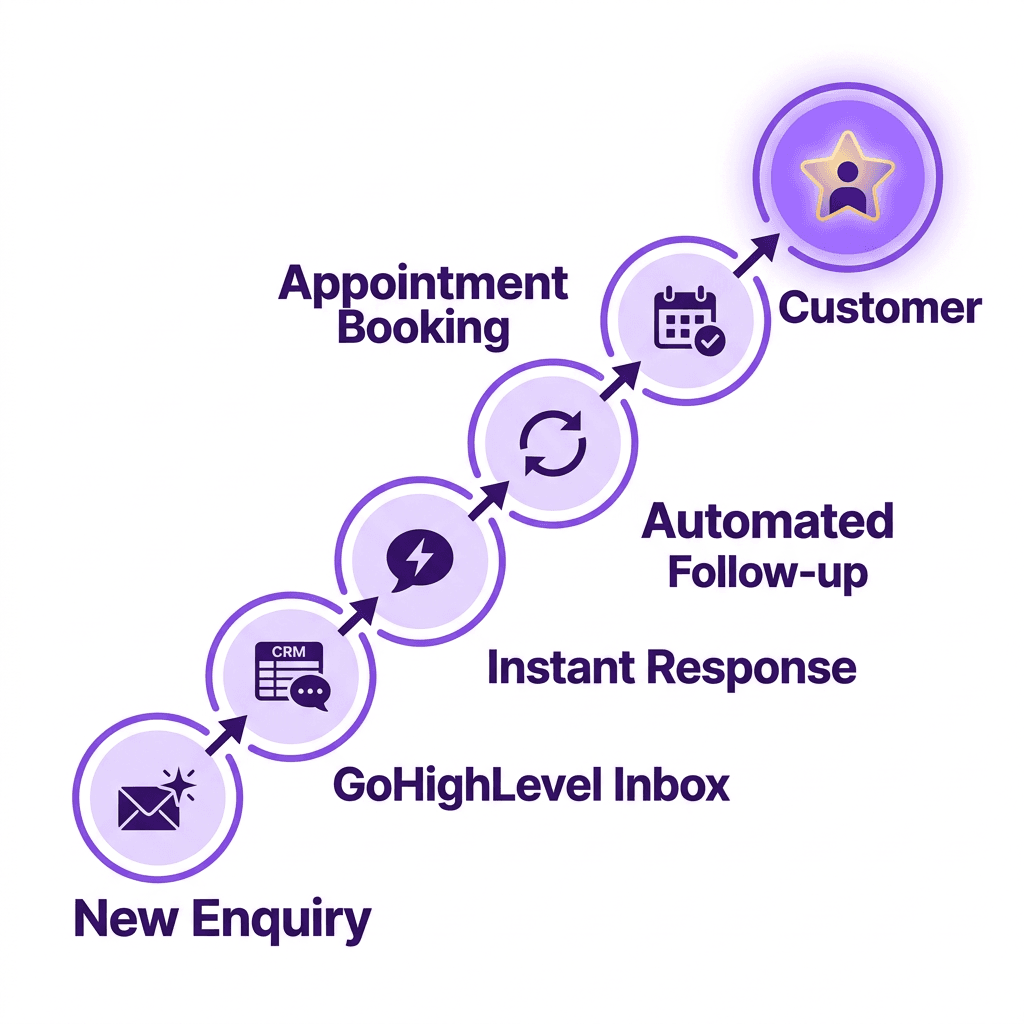 A new enquiry moving through a GoHighLevel inbox, instant response, automated follow-up, appointment booking, to becoming a customer.