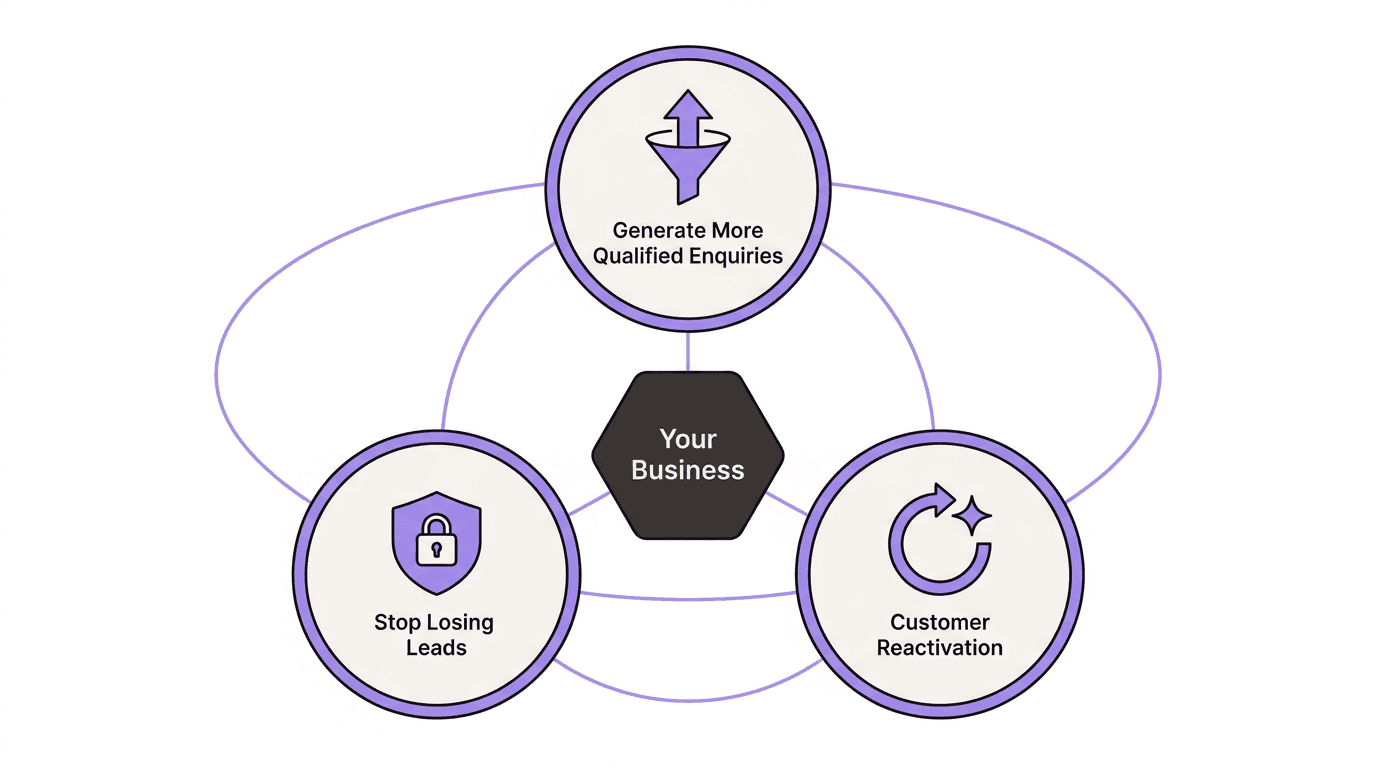 Your Business at the centre, connected to three growth paths: Generate More Qualified Enquiries, Stop Losing Leads, and Customer Reactivation.