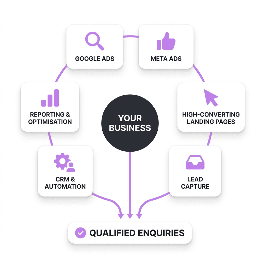Your business connected to Google Ads, Meta Ads, high-converting landing pages, lead capture, CRM and automation, and reporting and optimisation, all generating qualified enquiries.