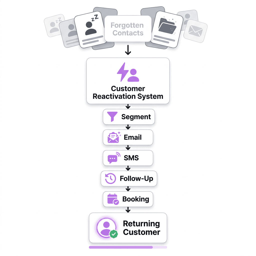 Forgotten contacts moving through a customer reactivation system: segment, email, SMS, follow-up, booking, and returning customer.
