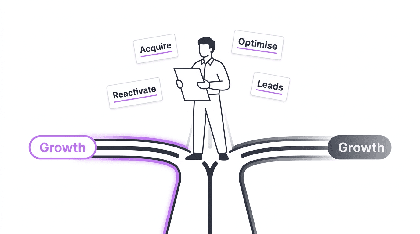 A business owner standing at a crossroads, weighing whether to acquire, optimise, reactivate, or generate more leads.