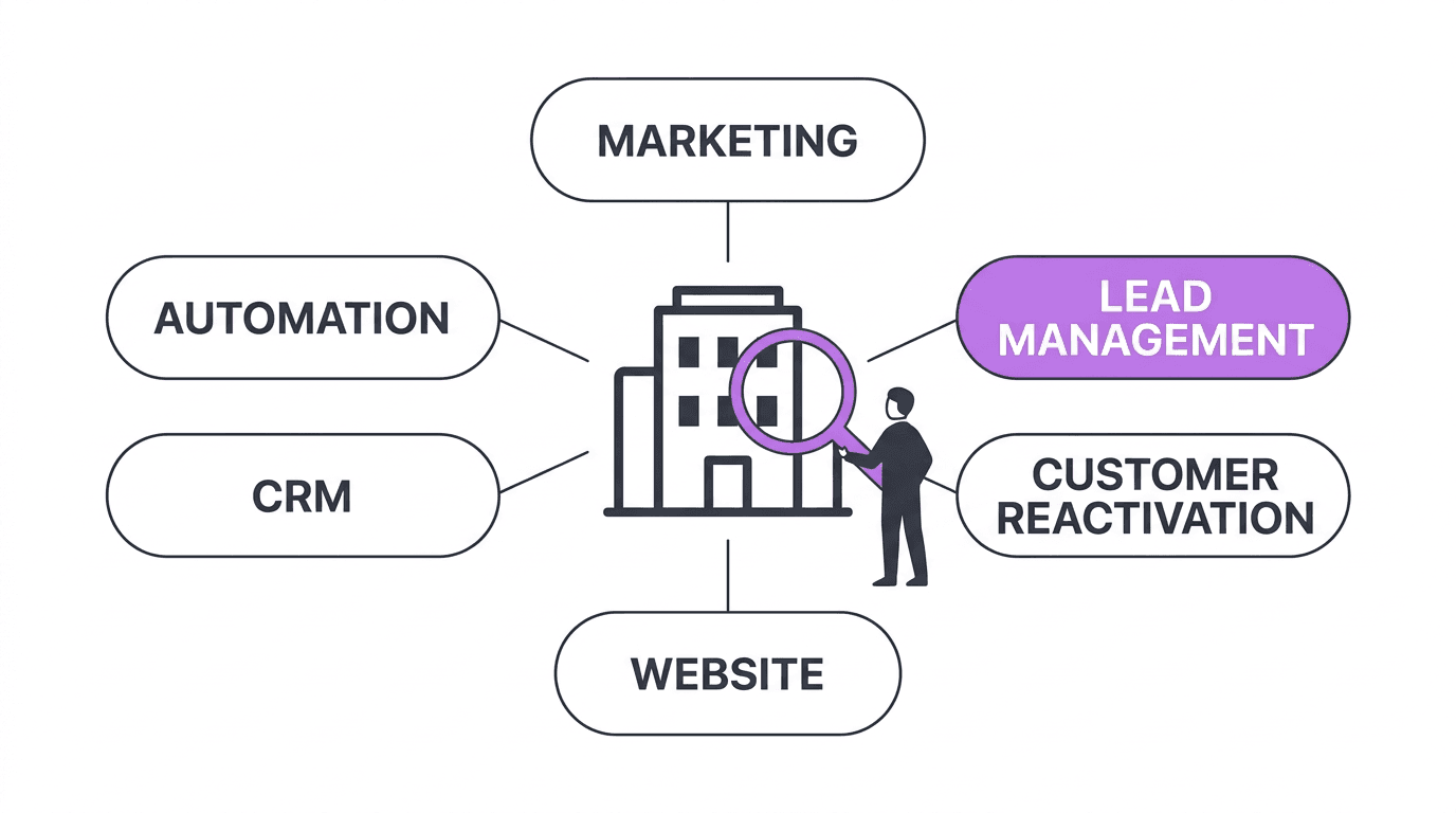 A magnifying glass analysing a business across marketing, automation, CRM, website, lead management, and customer reactivation.
