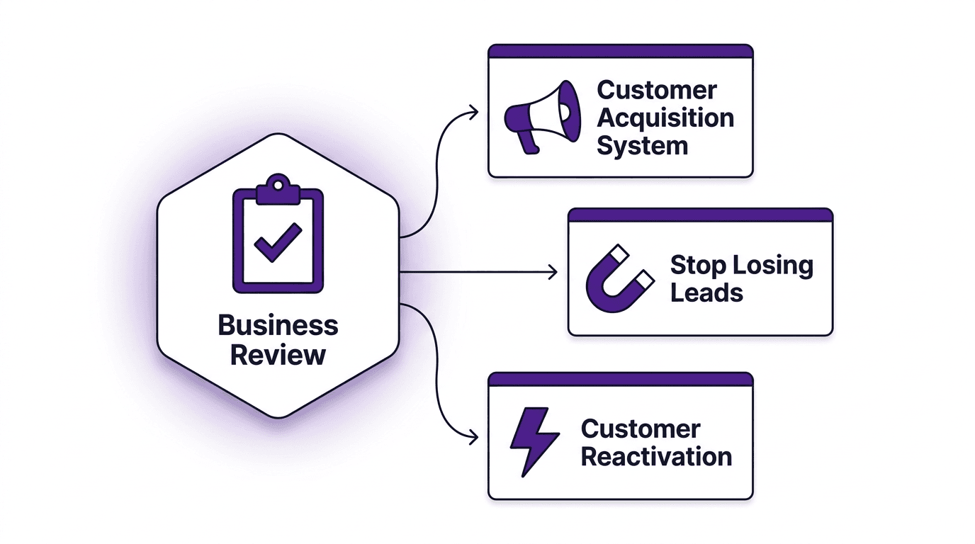 The Business Review branching into three possible recommendations: Customer Acquisition System, Stop Losing Leads, or Customer Reactivation.