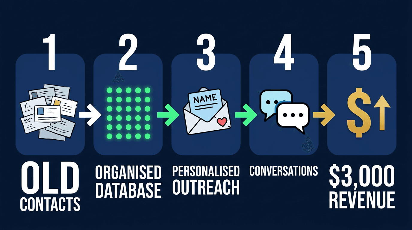 Old contacts moving through an organised database and personalised outreach into new conversations, generating $3,000 in revenue.