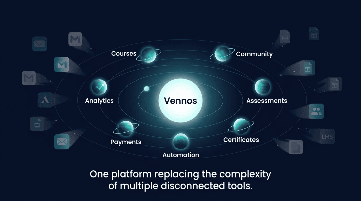 Vennos at the centre of a connected ecosystem of Courses, Community, Assessments, Certificates, Automation, Payments, and Analytics, replacing multiple disconnected tools.