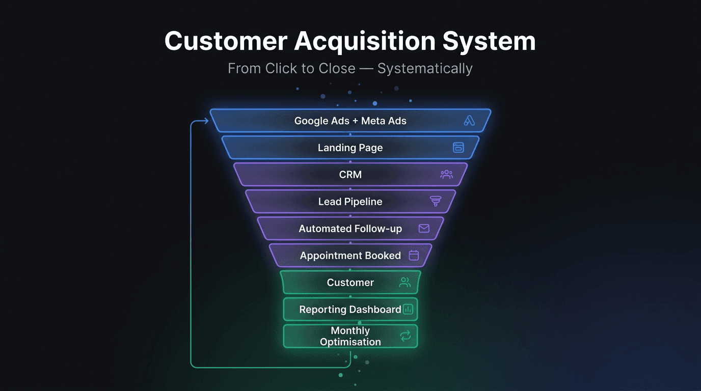 The customer acquisition system funnel, from Google Ads and Meta Ads through to landing page, CRM, lead pipeline, follow-up, appointment booking, customer, reporting, and monthly optimisation.