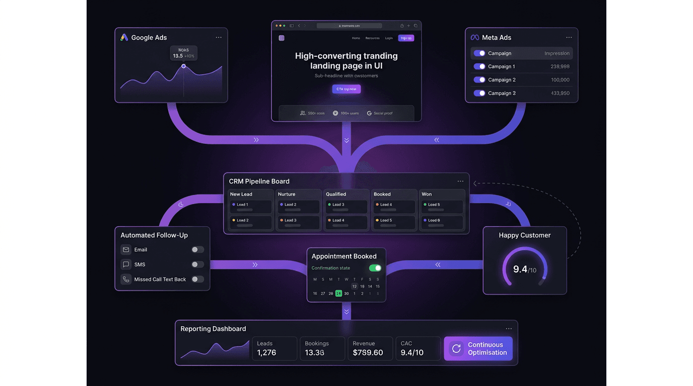 A connected customer acquisition system dashboard, showing Google Ads, Meta Ads, CRM pipeline, automated follow-up, appointment booking, and reporting all working together.