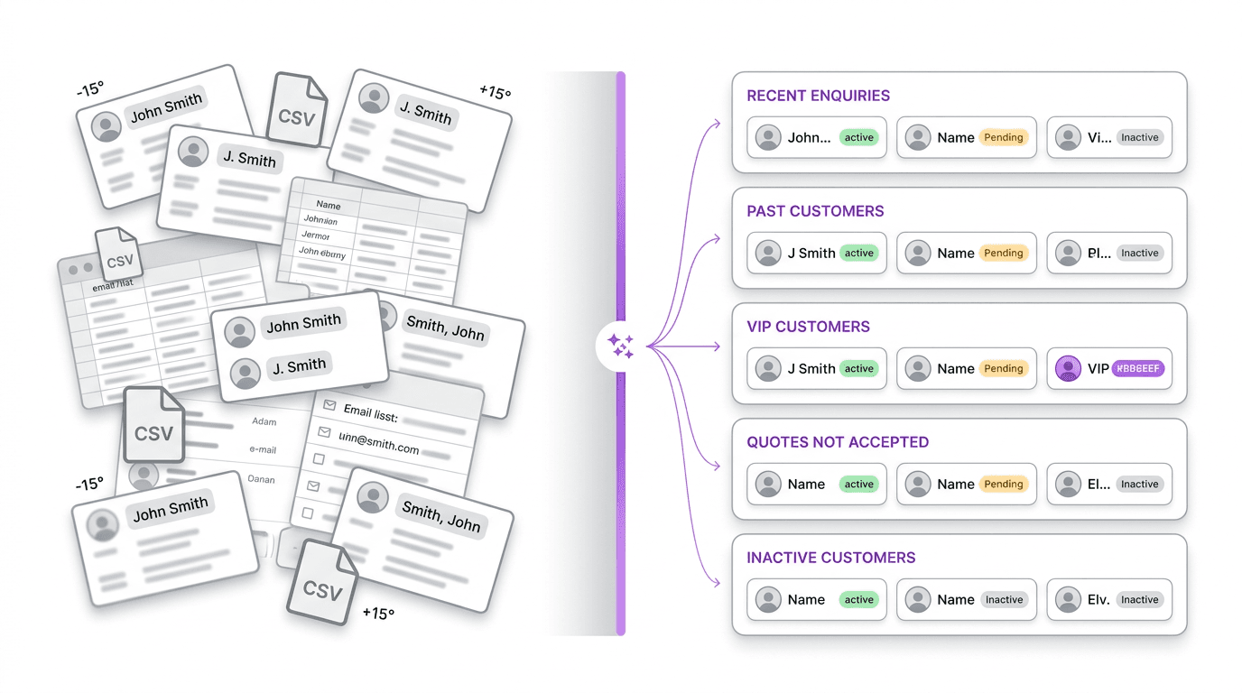 Scattered contact records being organised into a clean, structured database.