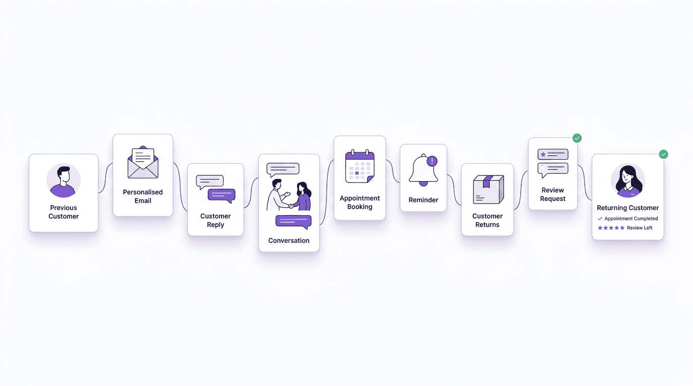 The complete customer reactivation journey, from previous customer to returning customer with a review left.