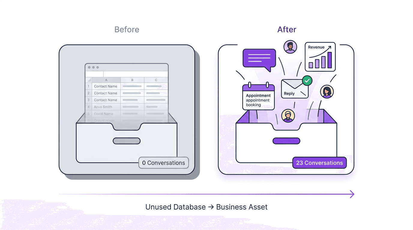 An unused contact database becoming a business asset, going from zero conversations to twenty-three conversations.