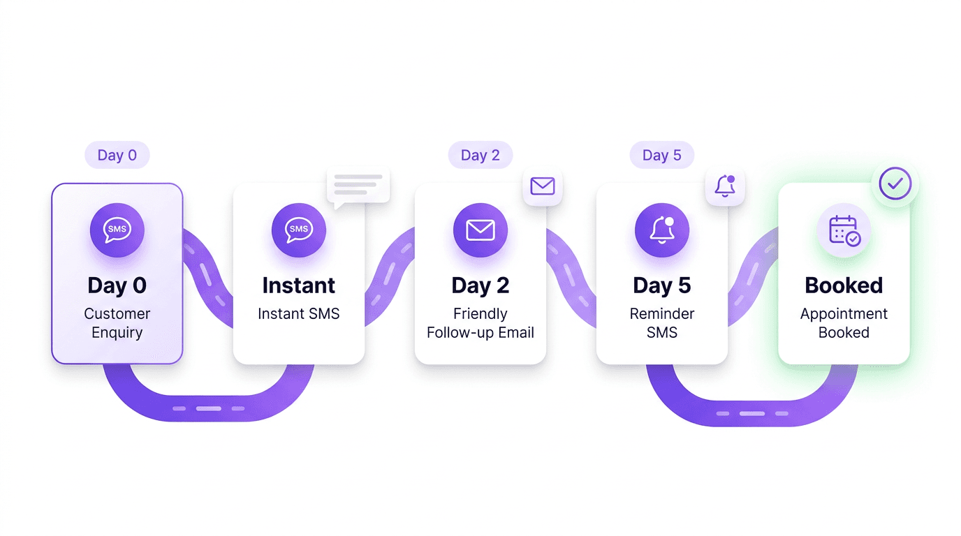 An automated follow-up sequence: Day 0 customer enquiry, instant SMS, Day 2 follow-up email, Day 5 reminder SMS, appointment booked.