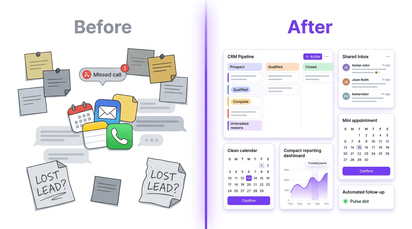Before: missed calls, lost leads, and scattered sticky notes. After: an organised CRM pipeline, shared inbox, calendar, and reporting dashboard.